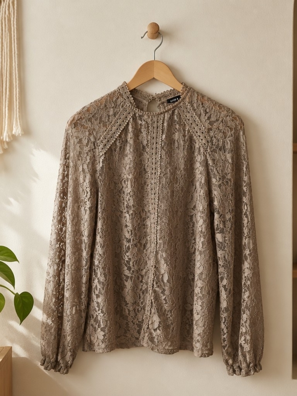 Cable & Gauge Taupe Lace Long-Sleeve Blouse